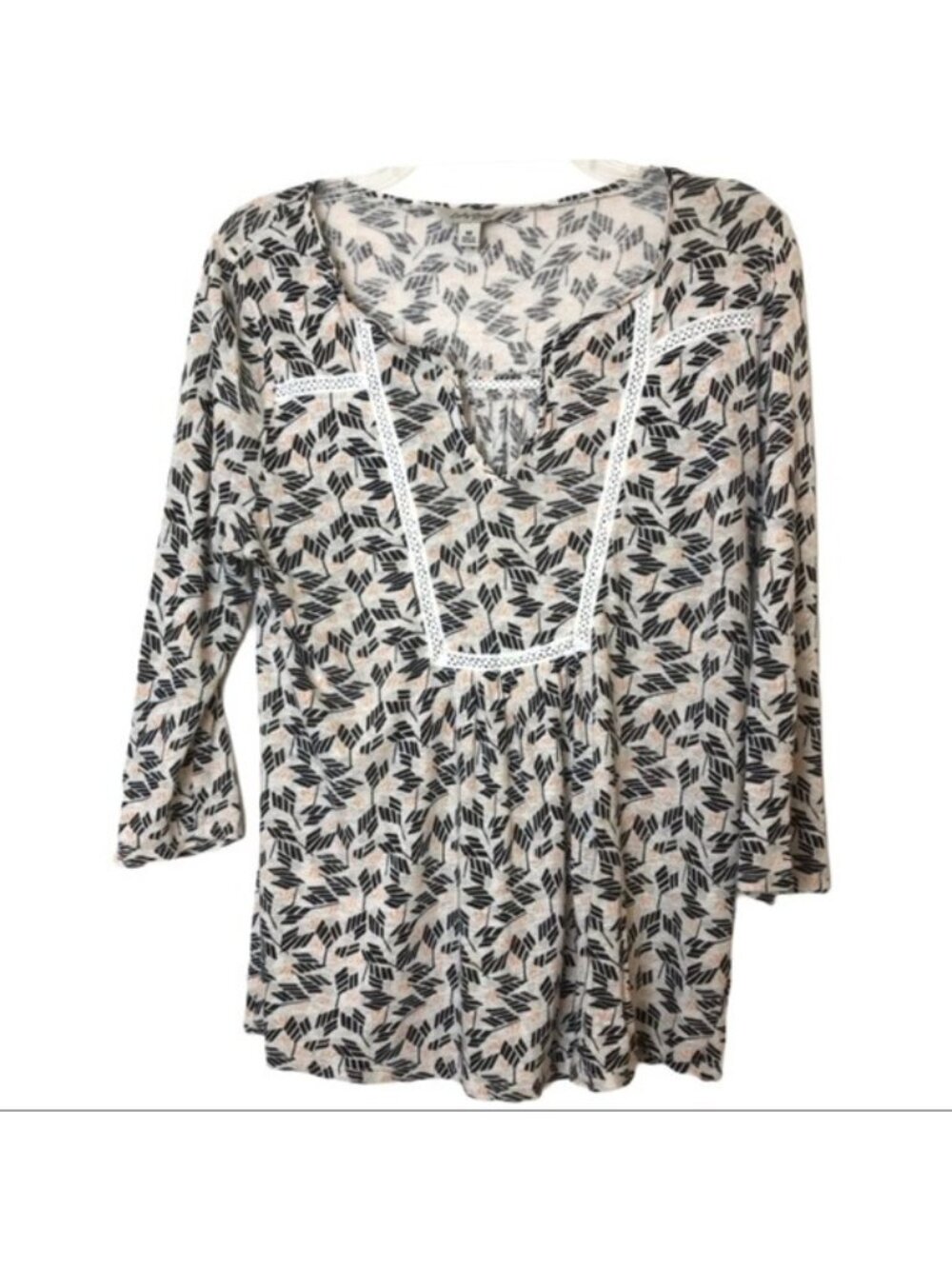 Lucky Brand Boho Top Beige Black Embroidered Knit Sz M 3/4 Sleeve Leaf Print